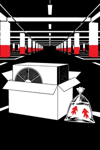 A heavy boxed air conditioner and a plastic bag of goldfish on the concrete floor of a vast, identical-looking parking garage.