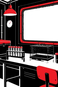 An Arctic research station's metal table with test tubes, a small cage, and a frosted window showing nothing but white.