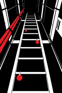 A dark open turbolift shaft with a ladder rising into blackness, three small glowing badges clipped to the rungs.