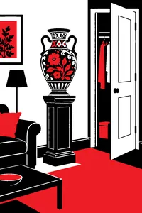 An ornate antique vase on a pedestal in a suburban living room, a closet door slightly ajar beside it.