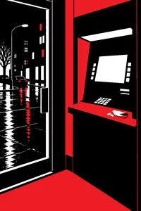 A bank ATM vestibule lit only by the machine's glow, a pack of chewing gum on the ledge, a dark city street outside.