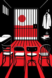A small jail cell with four mismatched chairs facing the bars, a bowl of soup and a puffy shirt on a hanger.