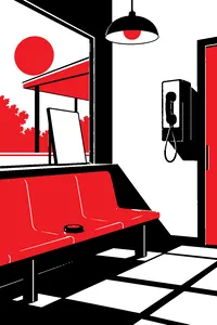 An empty restaurant waiting area with a pager buzzer on a bench, a payphone on the wall and a menu propped against the window.