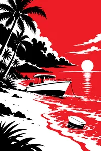 A small white tour boat beached on a palm-lined tropical island under a clearing storm sky, a white sailor hat floating in the surf.