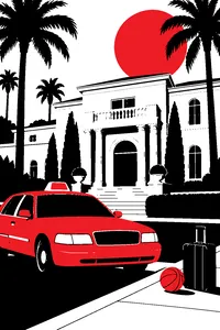 A yellow taxi parked in front of a grand white mansion with palm trees, a basketball resting on the curb beside a suitcase.