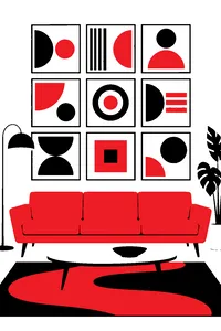 A wall of nine square picture frames arranged in a three-by-three grid above a 1970s orange sofa.