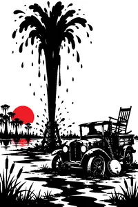 A crude oil gusher erupting from a muddy swamp next to a rickety jalopy loaded with a rocking chair, a banjo leaning on the wheel.