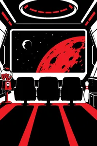Three theater seats silhouetted against a glowing movie screen inside a spaceship, with a gumball machine and a bowling pin nearby.