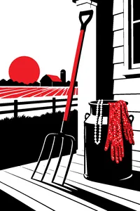 A pitchfork leaning against a farmhouse porch beside a pair of sequined evening gloves and a pearl necklace draped over a milk pail.