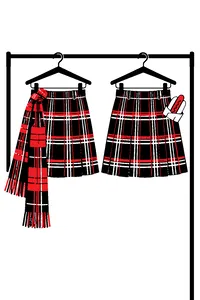 Two identical plaid skirts hanging side by side, one with a tartan scarf and one with a hot dog wrapper in the pocket.