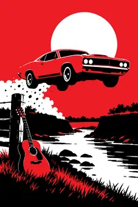 An orange muscle car flying over a dirt road creek bank, an acoustic guitar leaning against a fence post in the foreground.