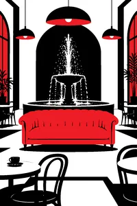 An orange velvet couch in an empty coffee shop with a single fountain splashing behind it.