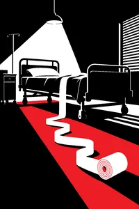 A hospital bed in a shadowy room with a roll of surgical bandages unspooling onto the floor, a single lamp casting harsh shadows.