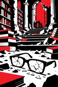 Shattered thick-rimmed reading glasses on the steps of a ruined library, stacks of books piled all around in the dust.