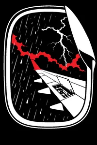 An airplane wing seen through a rain-streaked oval window at night, a panel peeled back and lightning in the clouds.
