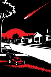 A 1950s suburban street at dusk with every porch light off, a lawnmower abandoned on a lawn and a meteor streak in the sky.
