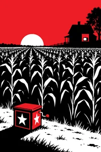 An endless cornfield at dusk with a jack-in-the-box sitting at the edge, a vintage television glowing in a farmhouse window.