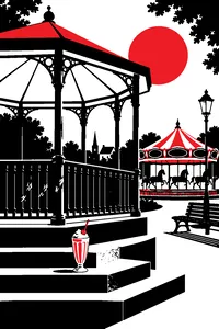 A small-town park bandstand with initials carved into the railing, a carousel and a soda fountain glass on the steps.