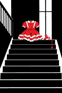 A wind-up talking doll in a frilly dress sitting at the top of a dark staircase, its pull-string dangling.