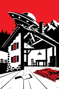 A tiny silver flying saucer crash-landed on the roof of a rustic farmhouse, a cleaver and a wool blanket on the floor inside.