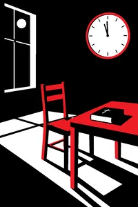 A bare, stark room with a single wooden chair, a Bible on the table and a large wall clock nearing midnight.