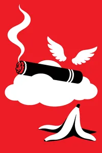 A cigar resting on a cloud next to a pair of small angel wings and a banana peel.