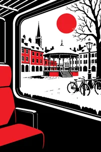 A snowy 1960 commuter train window looking out onto a sunny 1880s town square with a bandstand and bicycles.