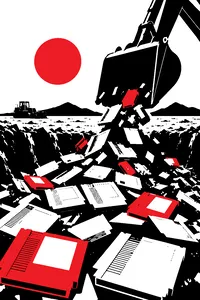 Dozens of dusty gray game cartridges spilling out of a dig pit in a New Mexico landfill, an excavator bucket overhead.
