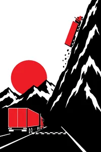 A semi truck driving straight up the side of a steep mountain, defying physics, while a second truck sits motionless at a starting line.