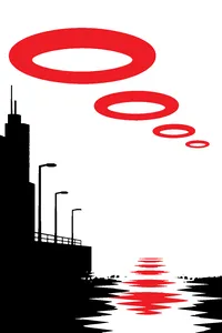 A row of floating rings fading into thick green fog above a blocky gray city skyline.