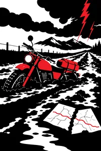 A motorcycle sinking into a muddy road under a stormy sky, a cardboard open road map torn in half beside it.