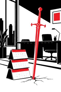A long ornate sword stuck in the floor of an empty office, three years of desk calendars piled beside it.
