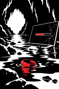 A gold ring lying in a damp cave puddle next to a crashed laptop with a frozen loading bar.