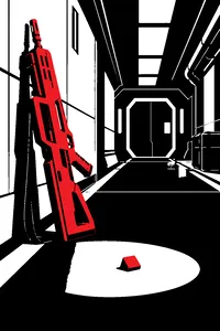 A pulse rifle leaning against a steel corridor wall, a single typewriter key lying on the floor in a pool of green light.