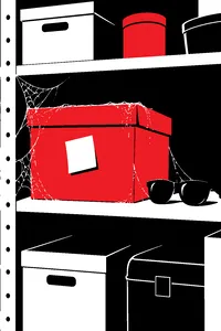 A cardboard box marked with a sticky note, coated in fourteen years of dust and cobwebs, sitting on a shelf beside a pair of dark sunglasses.
