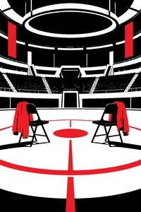 A brightly lit sci-fi arena with only two folding chairs occupied in an otherwise empty stadium.
