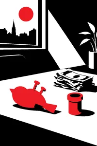 A small yellow cartoon bird figurine lying on its back beside a green pipe, a crumpled stack of cash next to it.