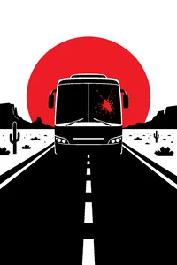 A lone tour bus on a perfectly straight desert highway that runs to the horizon, a bug splattered on its windshield.