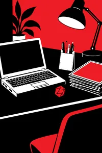 A tidy desk with a chunky laptop, a twenty-sided die, a pocket protector full of pens and a stack of comic books in plastic sleeves.