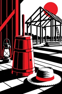 A wooden butter churn on a barn floor beside a straw hat, a lantern and a half-built barn frame in the background.