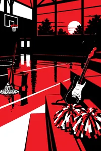 A high school gym at dusk with an electric guitar, a janitor's mop bucket and a cheerleader's pom-poms on the bleachers.