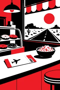 A one-way plane ticket on a donut shop counter next to an untouched bowl of sauerkraut, a dusty desert road outside the window.