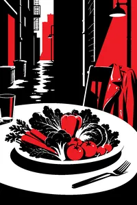 A dinner plate piled with untouched vegetables in a moody alley lit like a music video, a red leather jacket hung on a chair.