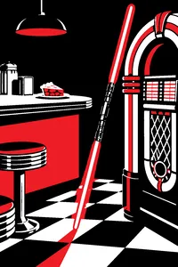 A glowing double-bladed laser sword leaning against a jukebox in a 1950s diner, a slice of apple pie on the counter.