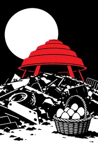 A red stepped energy-dome hat on a junkyard heap of scrap metal, eggs piled in a single basket beside it.