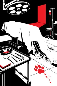An operating table covered in a white satin wedding veil, surgical tools on a tray and a lion's paw print on the tiled floor.