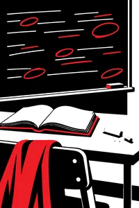 A school chalkboard covered in red-marked corrections, a broken piece of chalk and a dictionary open on the desk.