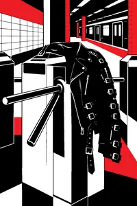 A subway turnstile in a gritty station with a giant black leather jacket draped over it and a dozen buckles glinting.