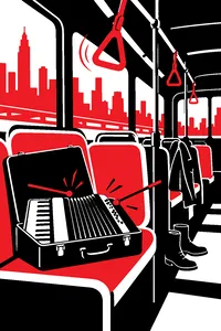 A crowded city bus interior with an accordion case on a seat being used as a drum, a dangling hand strap swinging.
