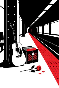A lone acoustic guitar on a subway platform next to a padlocked record crate and a sad single rose.